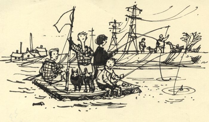 Paul Sharp - Mid 20th Century Pen and Ink Drawing, Children on a Raft