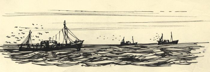 Paul Sharp - Mid 20th Century Pen and Ink Drawing, Trawlers at Sea