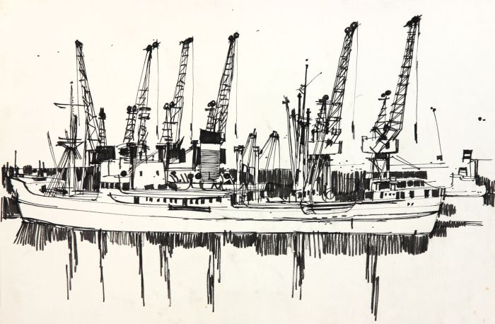 Paul Sharp - Mid 20th Century Pen and Ink Drawing, Ship in Dock