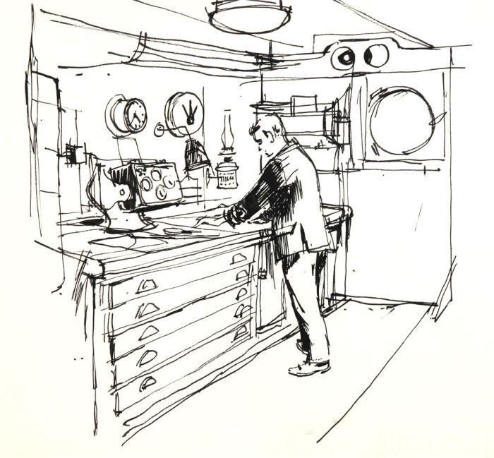 Paul Sharp - Mid 20th Century Pen and Ink Drawing, Man in Chart Room on Ship