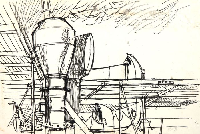 Paul Sharp - Mid 20th Century Pen and Ink Drawing, Ship's Funnels