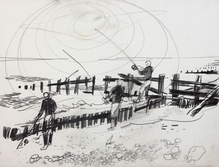 Paul Sharp - Mid 20th Century Pen and Ink Drawing, Anglers on the Coast