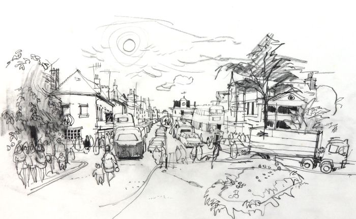 Paul Sharp - Mid 20th Century Graphite Drawing, Busy Town Scene