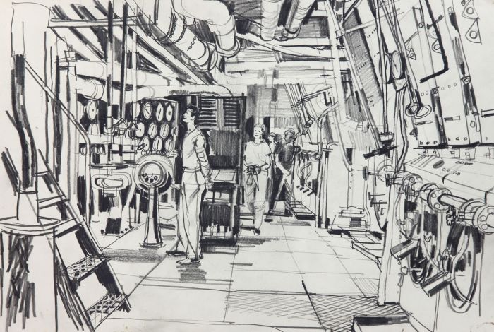 Paul Sharp - Mid 20th Century Graphite Drawing, Engine Room