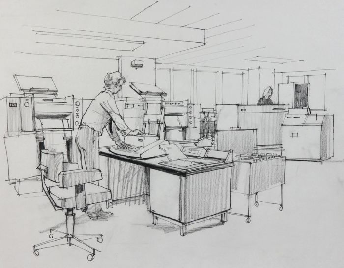 Paul Sharp - Mid 20th Century Graphite Drawing, Office Work Room