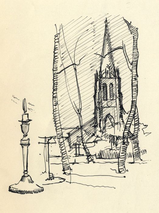 Frances Watt - Mid 20th Century Pen and Ink Drawing, Church through Trees