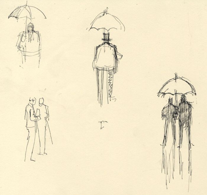 Frances Watt - Mid 20th Century Pen and Ink Drawing, Men with Umbrellas