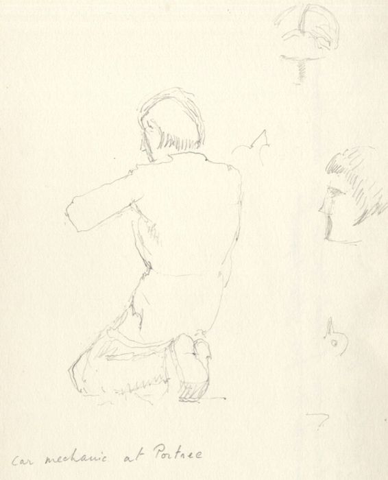 Frances Watt - Mid 20th Century Graphite Drawing, Car Mechanic at Portree