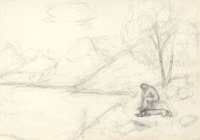 Frances Watt - Mid 20th Century Graphite Drawing, Figure and Dog by Water