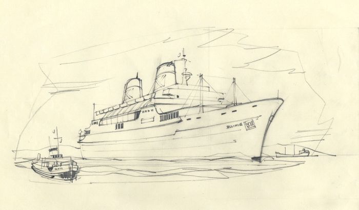 Paul Sharp - Mid 20th Century Graphite Drawing, Ellinis, Chandis Line Ship