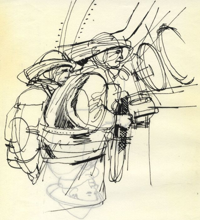 Paul Sharp - 1965 Pen and Ink Drawing, Sketch for 'Lifeboat Green to White'