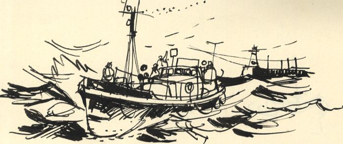 Paul Sharp - Small 1965 Pen and Ink Drawing, Sketch 'Lifeboat Green to White'