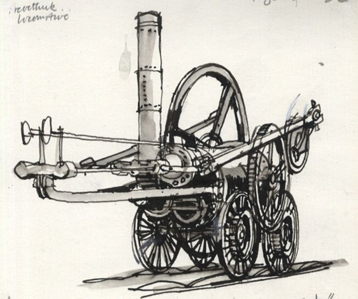 Paul Sharp - Mid 20th Century Pen and Ink Drawing, Trevithick Locomotive