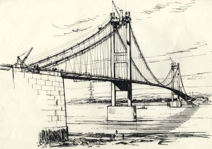 Paul Sharp - mk512 Mid 20th Century Pen and Ink Drawing, Suspension Bridge