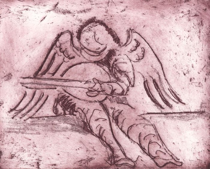 Joan Lewis - mk536 Contemporary Monotype, Angel Playing Lute, Magenta