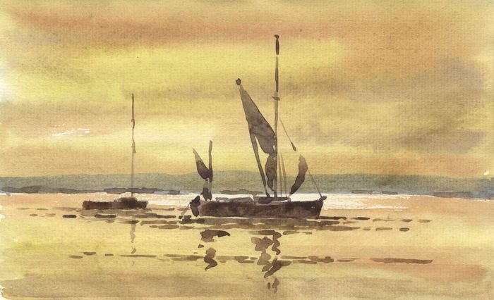 Keith Burtonshaw - Contemporary Watercolour, Sailboats, Evening