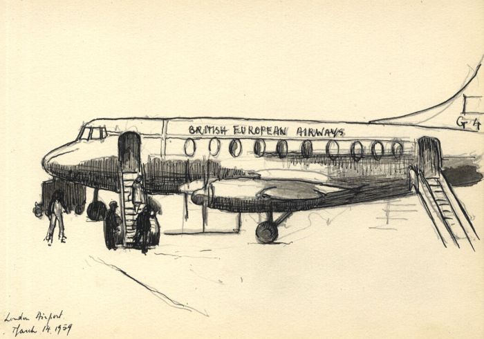 Frances Watt - 1959 Pen and Ink Drawing, London Airport