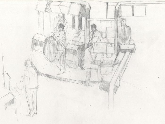 Frances Watt - 1986 Graphite Drawing, Stock Exchange Trading Floor