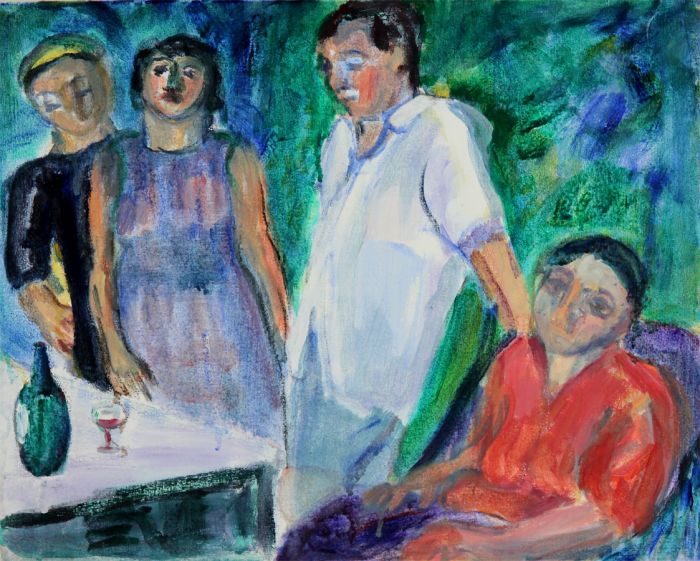 Joan Lewis - Contemporary Oil, Group of Figures with Wine