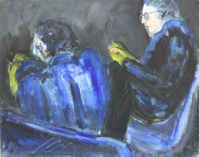 Joan Lewis - Contemporary Oil, Seated Figures in Darkness