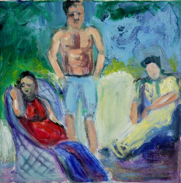 Joan Lewis - Contemporary Oil, Three Figures in a Garden