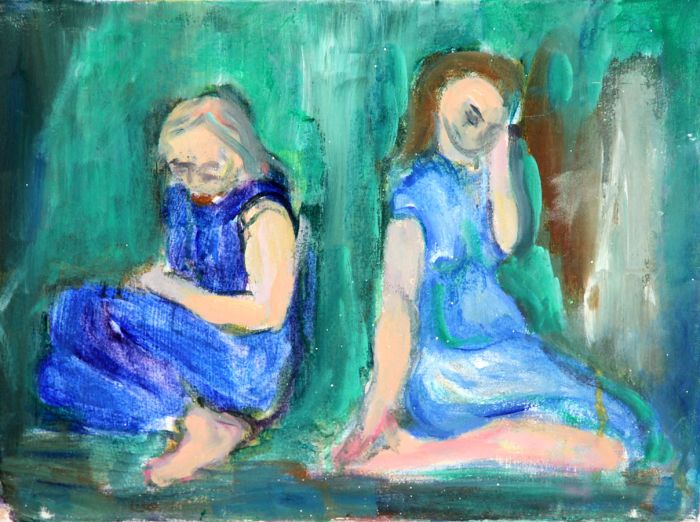 Joan Lewis - Contemporary Oil, Two Figures in Contemplation