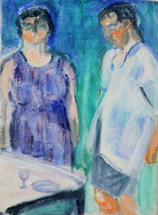 Joan Lewis - Contemporary Oil, Two Figures with Wine Glass