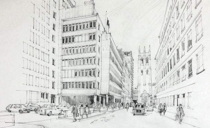 Paul Sharp - Mid 20th Century Graphite Drawing, Wood Street, EC2, London