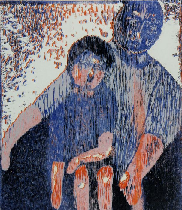 Joan Lewis - Contemporary Woodblock, Father and Child Waiting