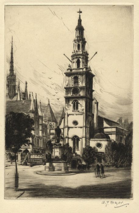 A.J. Meyer - Early 20th Century Etching, St Clement Danes, Strand, London