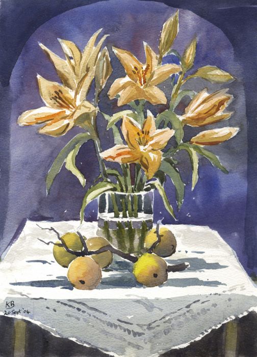 Keith Burtonshaw - 2004 Watercolour, Vase of Flowers and Fruit