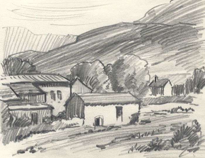 Keith Burtonshaw - Contemporary Graphite Drawing, Cottages in a Landscape