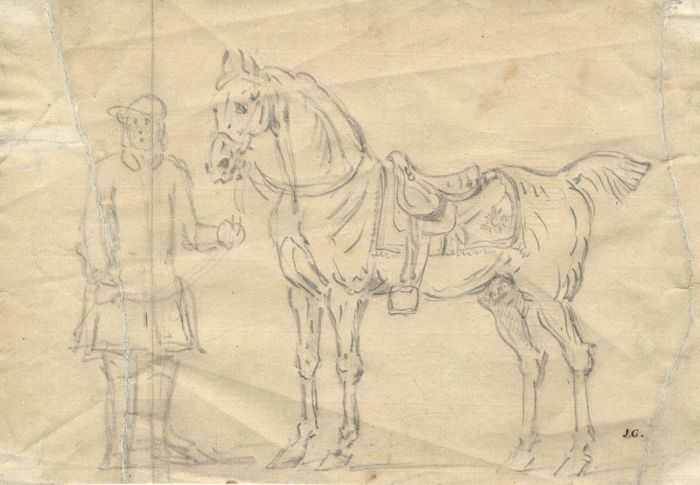 Monogram J.C. - 18th Century Graphite Drawing, Man with Horse