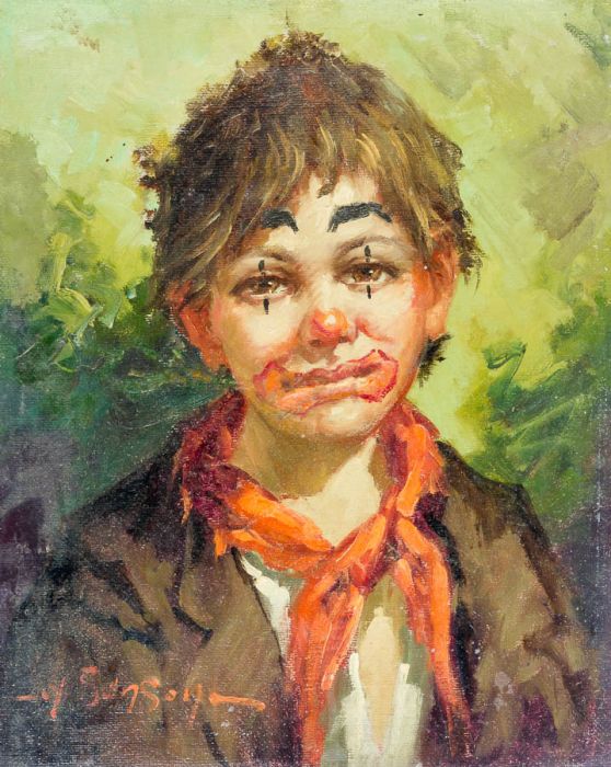 Samson - Mid 20th Century Oil, Portrait of a Young Sad Clown.