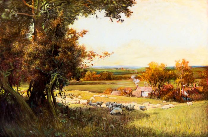 Superb 19th Century Pastel - Landscape with Sheep and Farmhouse