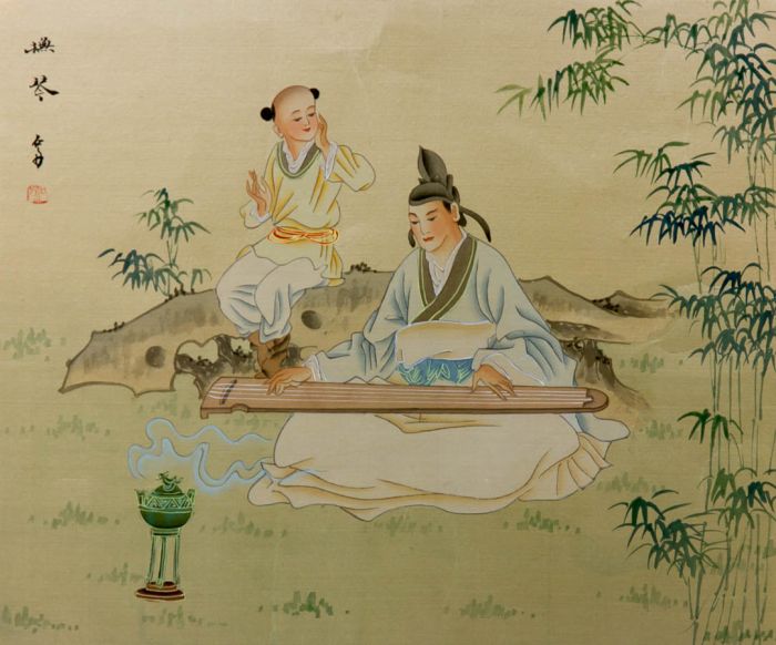 Oriental Contemporary Watercolour - Traditional Scene on Silk