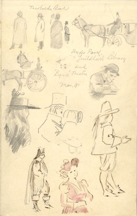 Charming 1891 Graphite Drawing - Hyde Park, Guidhall Library and Lyric Theatre