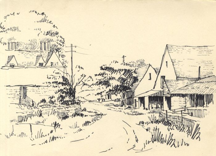 Peter H. Brown - Contemporary Pen and Ink Drawing, Lane with Farm Buildings