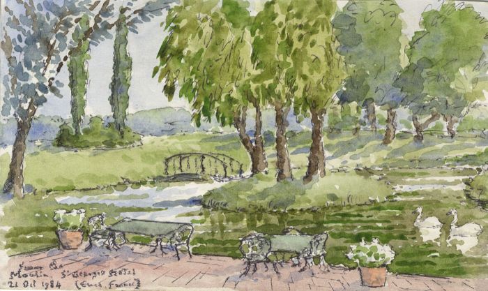 John Codrington - 1984 Watercolour, Lake Scene with Bridge, France