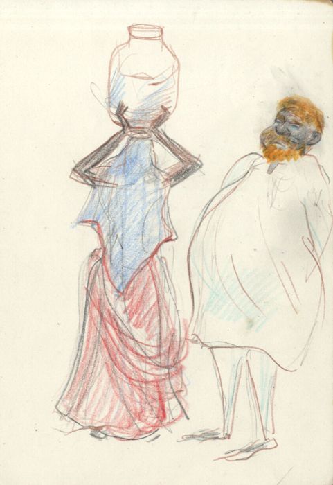 Lory Adler - 1983 Crayon, Man and Woman Carrying Pot