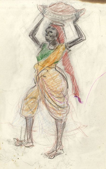 Lory Adler - 1983 Crayon, South Asian Woman Carrying Load
