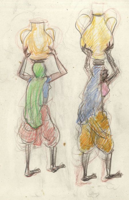 Lory Adler - 1983 Crayon, Two South Asian Women Carrying Loads
