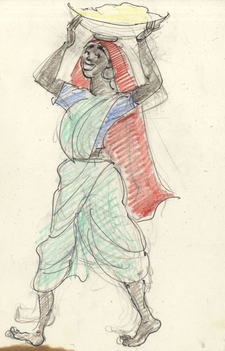 Lory Adler - 1983 Crayon, South Asian Woman Carrying Load