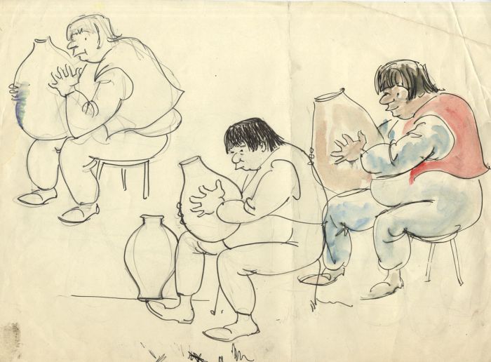 Lory Adler - 1983 Pen and Ink Drawing, Men with Pots