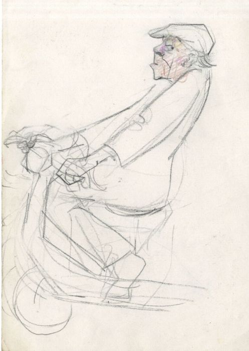 Lory Adler - 1983 Crayon, Old Man on Scooter