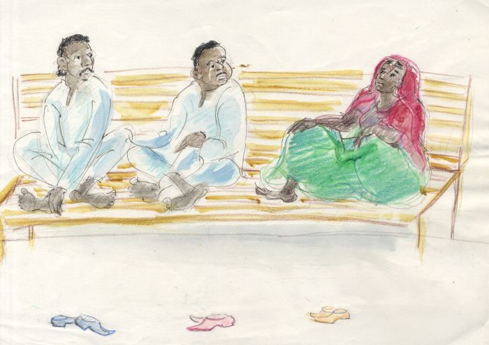 Lory Adler - 1983 Crayon, South Asian Figures on a Bench