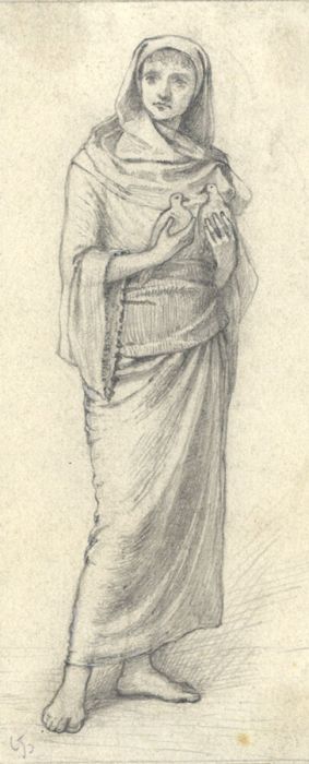 19th Century Graphite Drawing - Woman with Doves