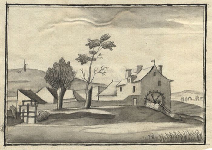 Monochrome 19th Century Watercolour - Landscape with Mill