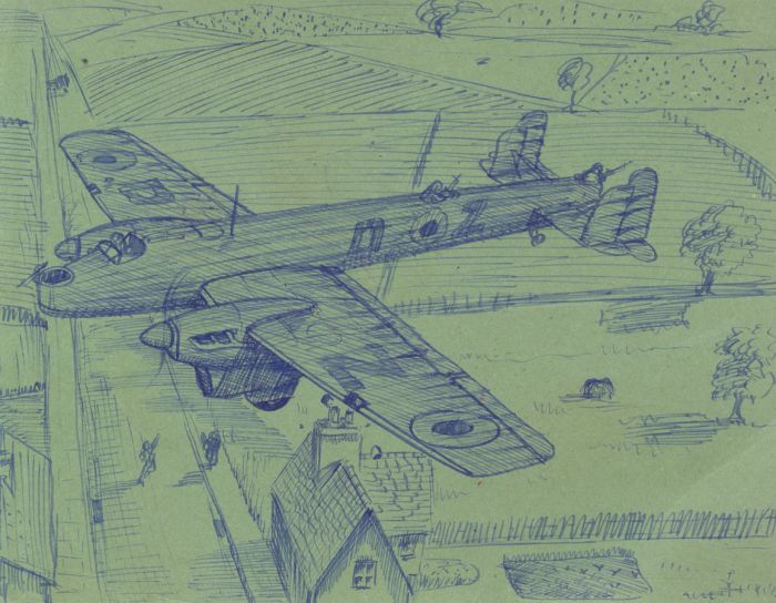 Graham Coton - Mid 20th Century Pen and Ink Drawing, Low Flying Plane