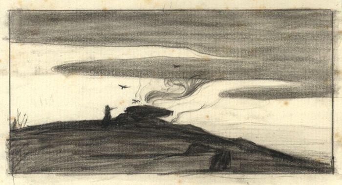 Early 20th Century Charcoal Drawing - Woman Releasing Birds